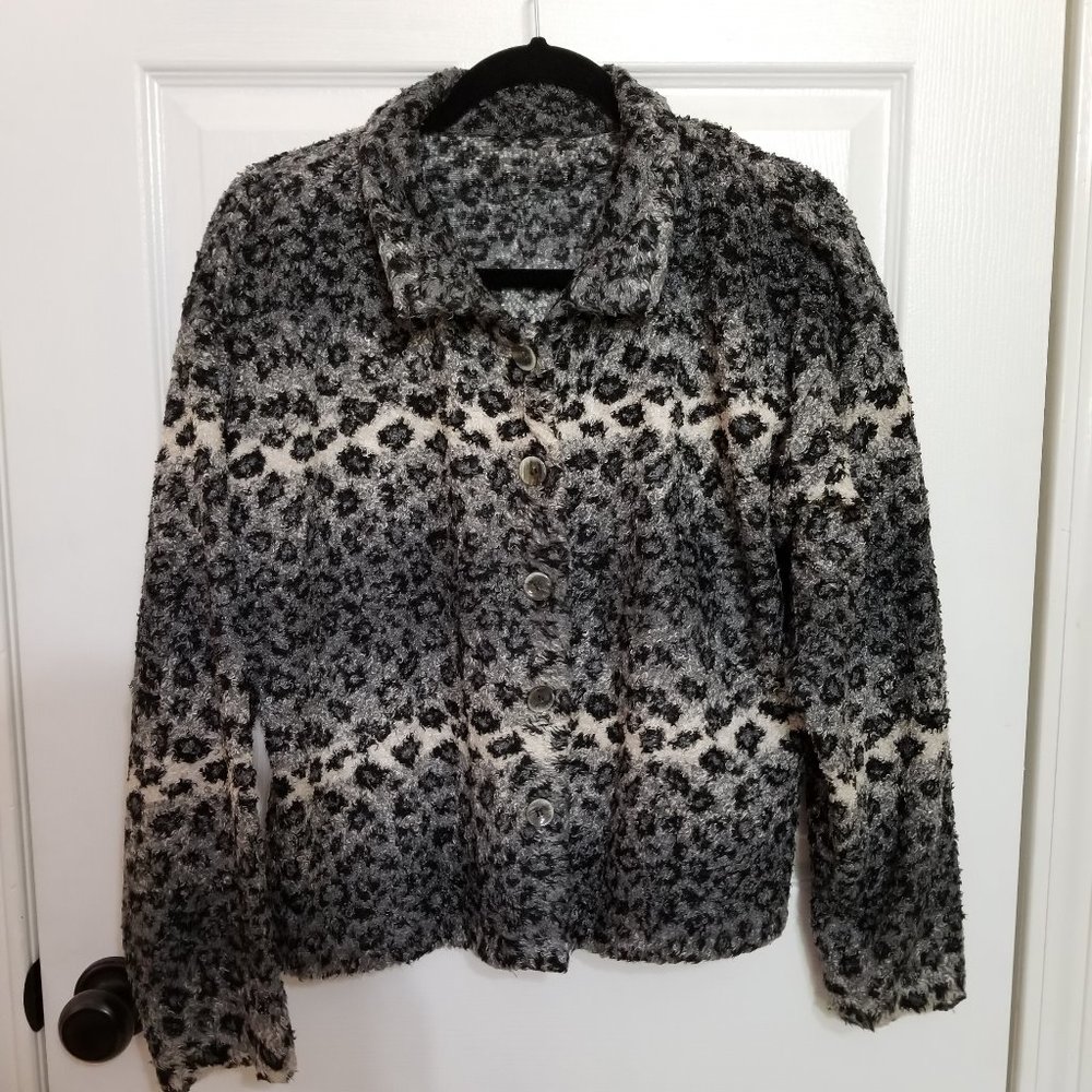 Animal Print Fuzzy Knit Button Up Cardigan Sweater